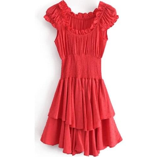Women Square Collar Butterfly Short Sleeve Mini Dress Ruffles A Line Solid Sundress Female Elastic Waist Casual Dress