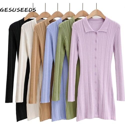 Fall dress women elegant dresses knitted long sleeve dress sexy mini dress vintage single breasted dresses polo collar vestidos