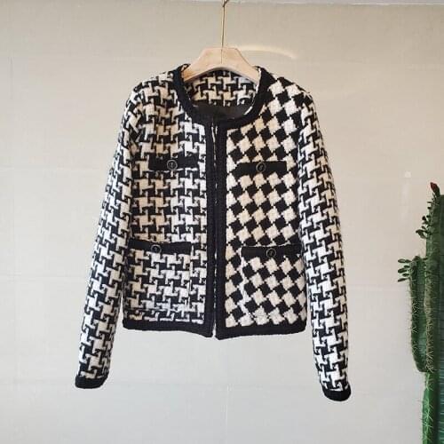 Runway Black Houndstooth Plaid Tweed Coats Women O-Neck Long Sleeve Korean Autumn Winter Wool Jackets Office Lady Luxury B452