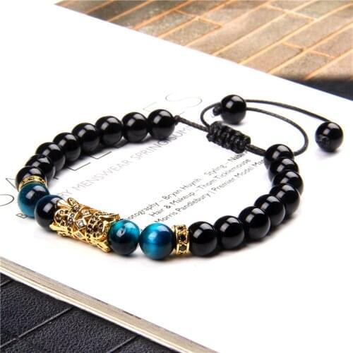 8 mm Royal Blue Tiger Eye Stone Beads Bracelets Men Polished Black Onyx Agat Bracelet Adjustable Weave Rope Crown Charm Bangle