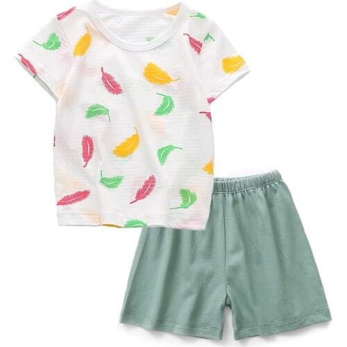 Boys O-Neck Short Sleeve Colorful Feather Print White Tops+Green Shorts 2PCS Clothing Sets Casual 100% Cotton Summer Sets