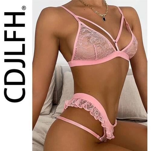 Ruffle Mesh Lace Lingerie 2 Piece Women Underwear Set Transparent Bra And Brief Sets Pink Sexy Lingerie Seamless Erotic Bra Set