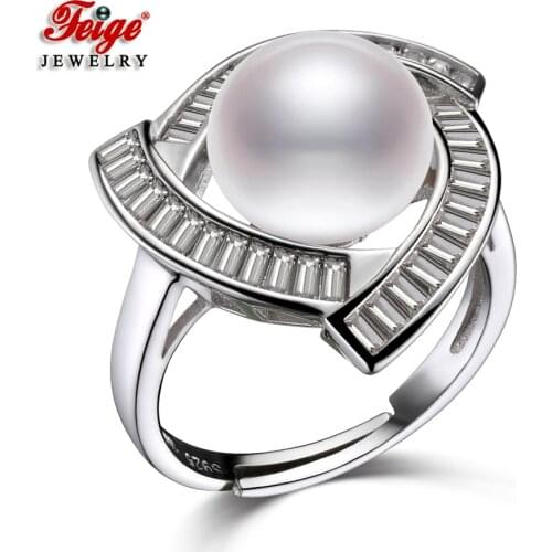 Luxury Wedding Jewelry 925 Sterling Silver 10-11MM White Freshwater Pearl Rings for Women Gifts FEIGE