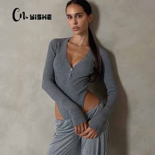 CNYISHE Autumn Winter Sexy Grey White Bodysuit Skinny Button Up Long Sleeve Overalls Women Rompers 2021 Fashion Ribbed Jumpsuits
