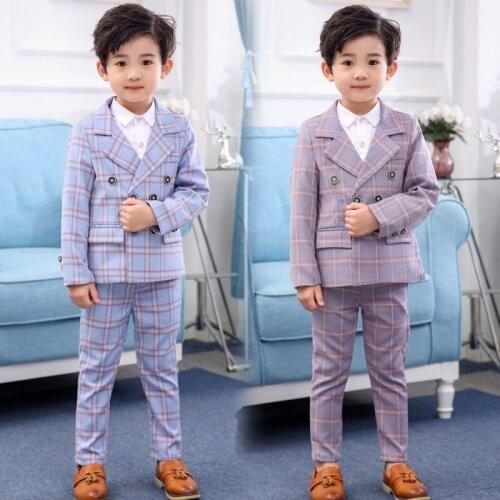 Formal Children Plaid Dress Suit Sets Flower Boys Wedding Party Host Costume Kids 2-breasted Blazer Pants 2pcs Clothes Sets