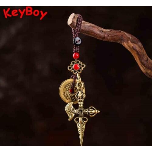 Brass Vajra Car Keychain Pendant Five Emperors Money Bag Pendant Hand Woven Hangings Jewelry Handmade Copper Lanyard Keyrings