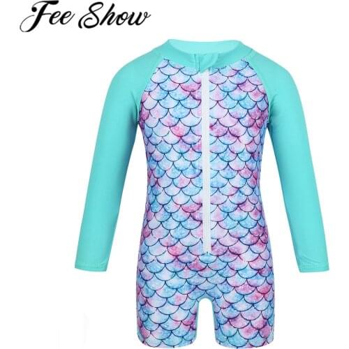 FEESHOW Summer Infant Baby Swimsuit Newborn Girls Long Sleeves Mermaid Fish Printed Rash Guard Swimsuit Swimwear Bathing Suit