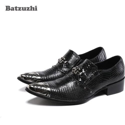 Batzuzhi Fashion British Style Mens Shoes Pointed Metal Toe Black Genuine Leather Dress Shoes Men Business Oxfords, Big 38-46