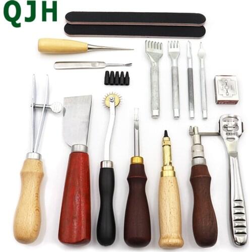 QJH Leather Sewing Tools DIY Leather Craft Tools Hand Stitching Tool Set Saddle Groover with Awl Waxed Thread Thimble Kit