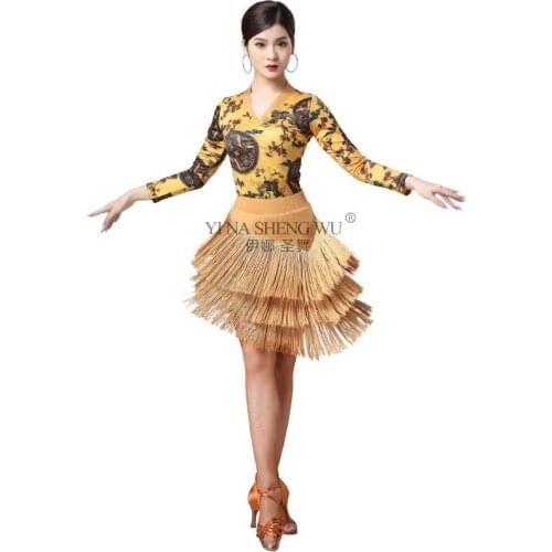Latin Dance Exercise Clothes Women Adult International Modern Dance Performance Competition Costume Long-Sleeve Top Tassel Skirt