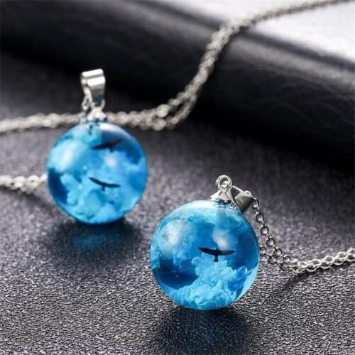 Blue Sky White Cloud Rould Ball Moon Pendant Necklace Transparent Rould Ball Shape Resin Necklace For Women Jewelry Gifts