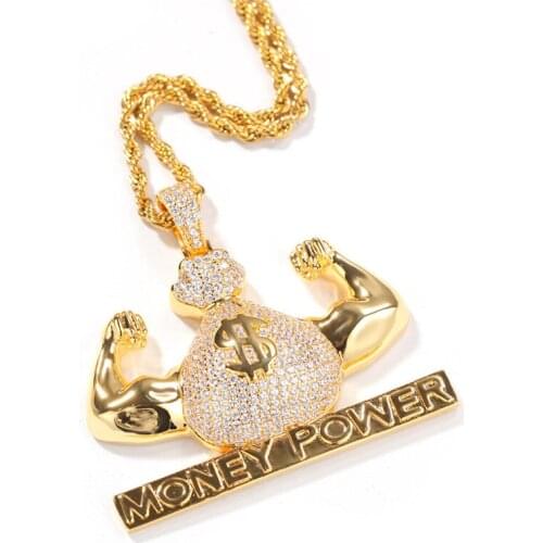 Luxury Iced Out Cubic Zircon MONEY POWER Necklace Hip Hop Muscle With Money Bag Pendant With Stainless Steel Chain