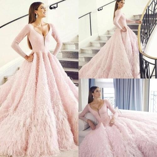 2020 Luxury Pink Long Sleeve Prom Dresses Plunging Neck Tulle Appliqued A Line Formal Occasion Dress Gorgeous Evening Gowns