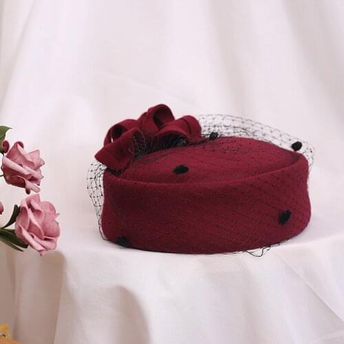 High End Custom British Woollen Top Hat Autumn Winter Vintage Bow Felt Hat Lady Lace Mesh Beret Tea Party Wedding Top Hat