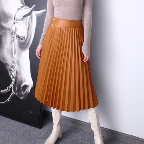 Autumn New Designer Womens High Quality Genuine leather Sheepskin Pleated Skirts B084