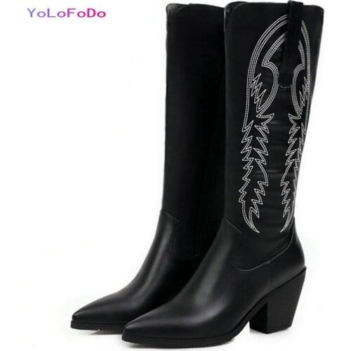 2021 Autumn Winter Women Knee High Boots PU Leather Women Square High Heel Boots PU Leather Pointed Toe Womans Shoes Big Size