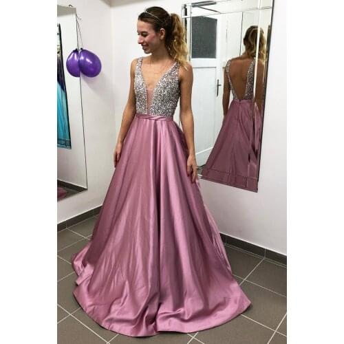 2021 Satin Beaded Double V Neck Prom Dresses Long Sleeveless Formal Evening Party Gowns Women Robe De Soiree