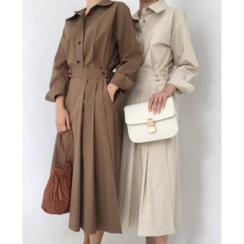 Women Spring Turn-down Collar Long Shirt Dress Long Sleeve Elastic Waist Bandage Dresses Elegant Ruffle A-line Vestidos
