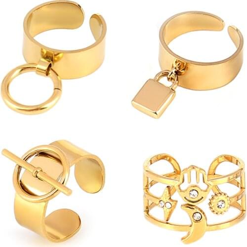 Punk Womens Ring Stainless Steel Rings Chain Rings Open Rings For Women Geometry Ring Rings Gold Wide Rings Chain Charm Rings
