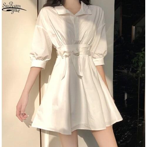 Summer White Shirt Dress Women Korean Style Short Sleeve A-Line Mini Dress Women Elegant Lace-Up Casual Dresses Vestidos 15615