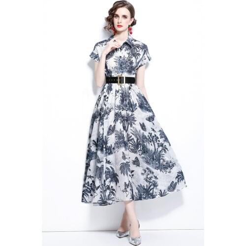 Celebrity Style Big Shirt Dress Elegant Ink Print Large Swing Dress Chinese Fashion Sashes Elegant Turn-down Collar Woman Dress
