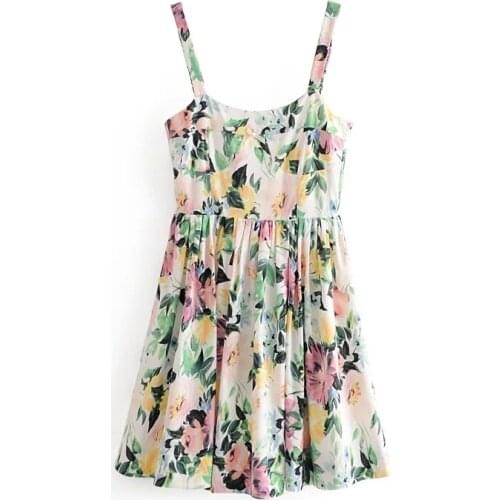 Za women Poetic watercolor floral print mini dress figure-flattering bodice full skirt Delicate mini bow wide shoulder straps