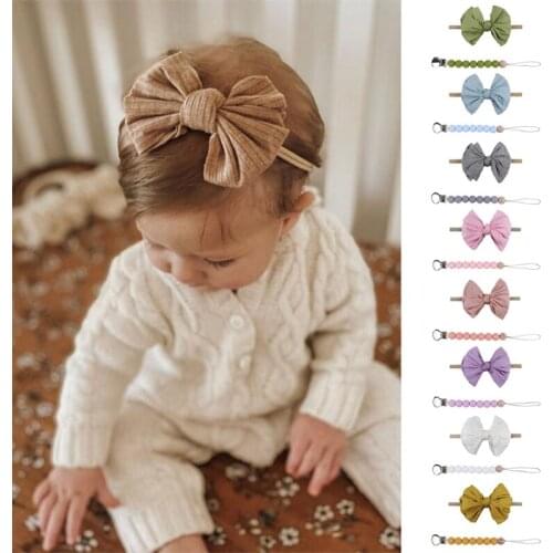 2 Pcs Baby Pacifier Clip Chain+Bowknot Hairband Set Silicone Beads BPA Free DIY Dummy Holder Leash Strap+Headband Kit