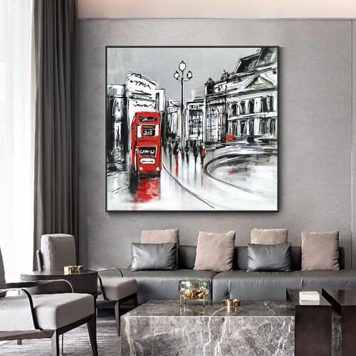 Abstract People Red Bus Oil Painting 100% Hand Painted On Canvas Street Building Wall Art For Living Room Home Decoration