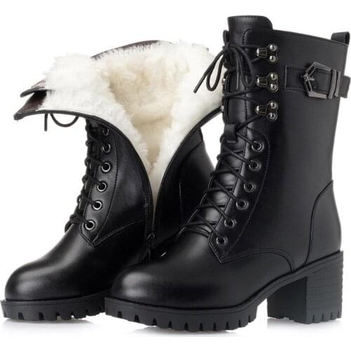 AQ471 Genuine Leather women Mid-Calf boots large size 43 fashion women lace-up Martin boots Thick heel wool boots Botas Mujer