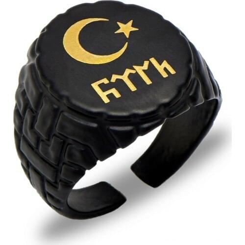 Apptakı Black Matte Moon Star Göktürk Ring-YÜZ0105 ottoman padisah Islamic turk turkiye ARAB DUBAI TRADITIONAL Anatolia