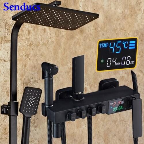 Digital Bathroom Shower System Senducs Black Bronze Bath Shower Faucet Rainfall Shower Head Thermostatic Bathroom Shower Set