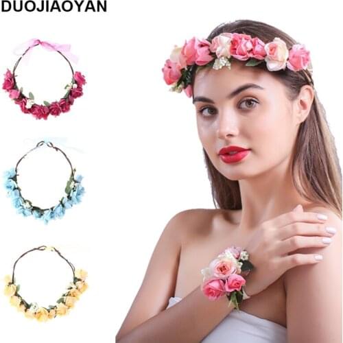 DUOJIAOYAN Rose flower Wreath Tiara Flower Headband Crown Women fabric floral Hair Band Wedding Bridal