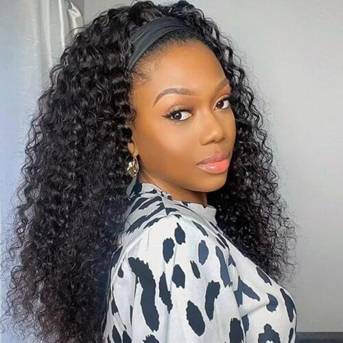 Deep Wave Headband Wig Human Hair Brazilian Full Machine Made Human Hair Wigs With Headband No Glue Scarf Wig For Black Women