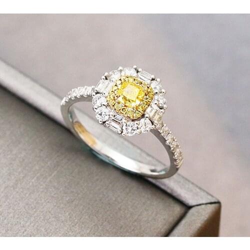 18K 750 White Gold 1ctw Cushion Cut Yellow Centre 1ct Moissanite Halo Engagement Ring Lab Diamond Ring Set Anniversary Ring