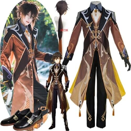 Game Genshin Impact Cosplay Zhongli Costume Zhong li Cosplay 90cm Long Christmas Brown Orange Wig Cosplay Anime Wigs and shoes