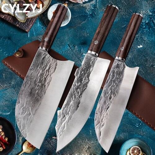 Traditional Forged Kitchen Knife Set Handmade Hammer Stainless Steel Chefs Chopper Cooking Knives Meat Slicer Butcher Knife