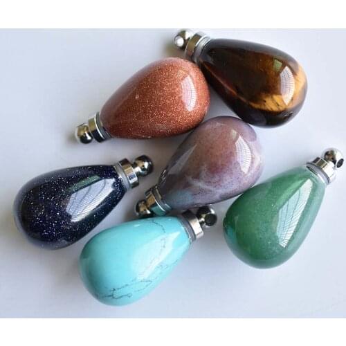 Natural Stone Essential Oil Diffuser Perfume Bottle Pendant Crystal Agates Round Drop Shape Charms for DIY Necklace Jewelry 6pcs