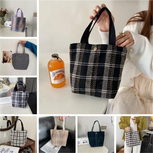 2021 New Women Handbags Simple Woolen Work Lunch Bag Girls Plaid Hasp Casual Tote Bags Reusable Shopping Cloth Pouch