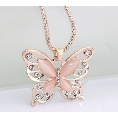 New Fashion Butterfly Chokers Necklaces Rose Gold Color Crystal Long Pendant Necklace Women Jewelry