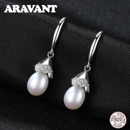 925 Sterling Silver Freshwater Pearl Drop Earings Women Vintage Wedding Pearl Earrings Jewelry 3 Colors