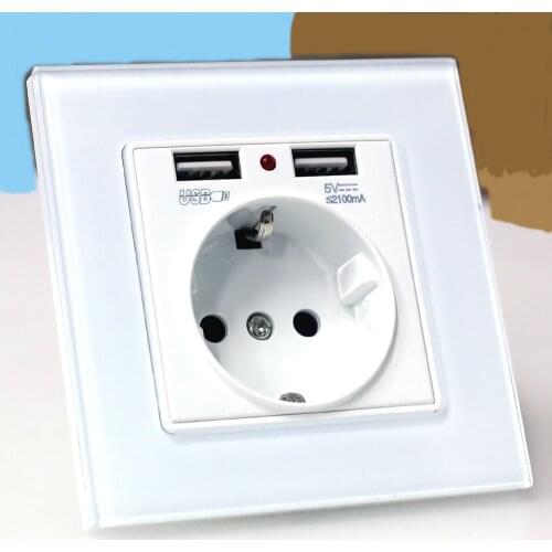 EU wall Power plug Socket with usb outlet, Glass 2A Dual USB Charger plug wall outlet, 16A 2100ma Electrical Wall Power Socket