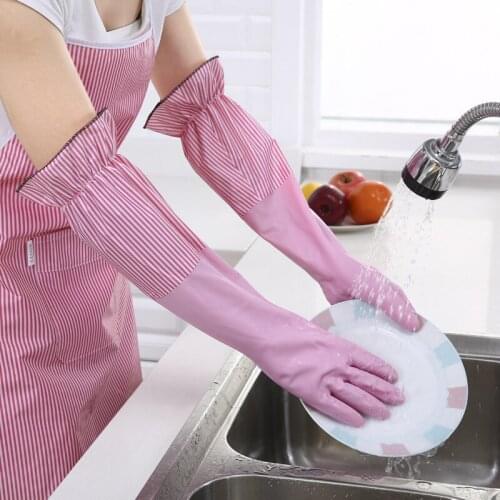 Warm household gloves with flannel and cuffs kitchen cleaning gloves washing rubber gloves dishwashing gloves kitchen gloves