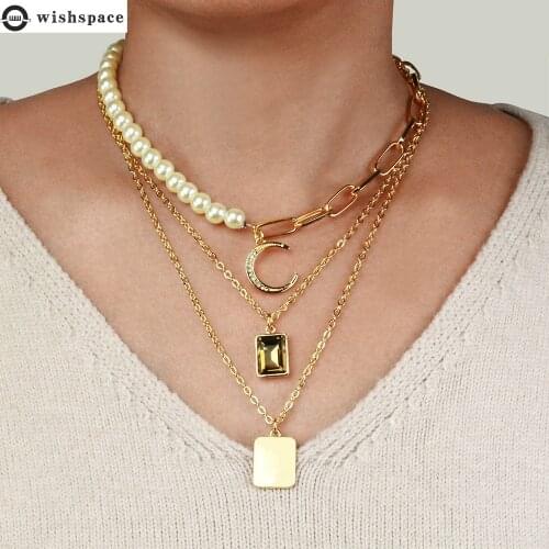 Wishspace punk multilayer metal choker pearl pendant necklace the virgin Mary women jewelry Coin tass sweater chain Ms gift