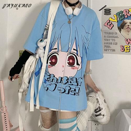 Kawaii Graphic T Shirts Women 2021 Harajuku Tops Mujer Japanese Style Anime Girl Print Summer Blue Feminine Clothes