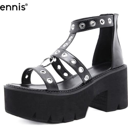 ENNIS Gladiator Sandals Women Chunky Heels Thick Bottom Shoes Black Platform Sandals Rivet Studded Zip Shoes 2021 Fashion S106