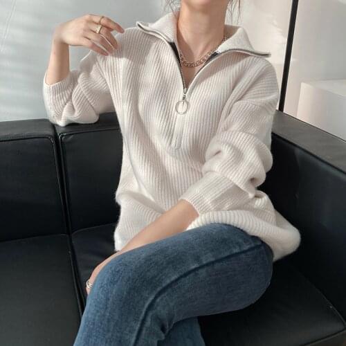 Women Sweater Fashion Casual Women Pullovers Pull Femme 2021 Spring Women Autumn Turtleneck Sweater Zip Design Long Sleeve Loose