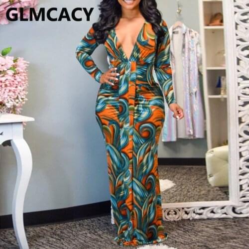 Women Long Sleeve V Neck Chic Printed Dress Elegant Evening Party Maxi Robe Dresses