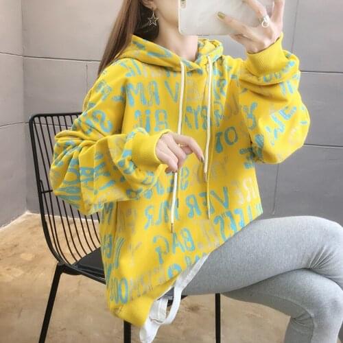 Winter Korean Style Fashion Letter Double Curve Hem Drawstring Plus Size Hooded Sweatshirt