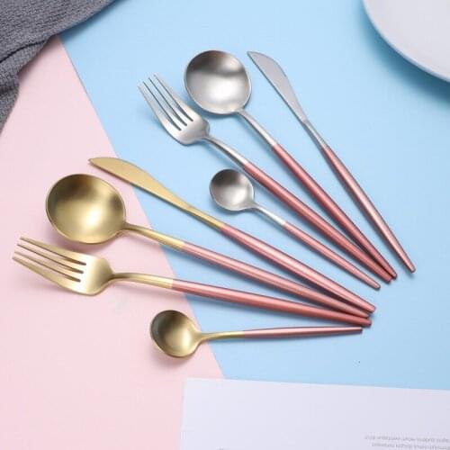 Stainless Steel Powder Gold Portuguese Knife And Fork Spoon Coffee Stirring Spoon Chopsticks Household Tableware Set Kitchenware