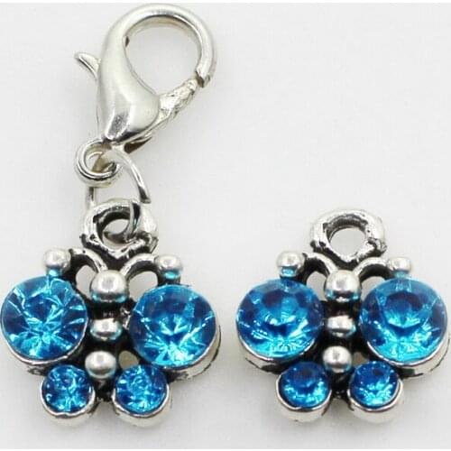 10pcs/lot Light Blue Crystal Butterfly Dangle Charms Lobster Clasp DIY Bracelet Necklace Pendants Jewelry Hanging Charms